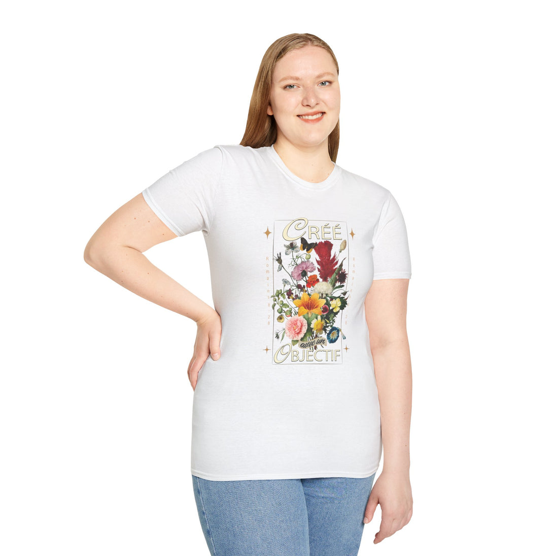 T-shirt blanc femme avec motif floral vintage et texte Créée avec un objectif.
