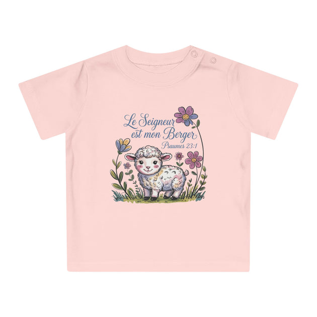 T-shirt rose pour bébé avec un dessin d'agneau et l'inscription Le Seigneur est mon Berger.