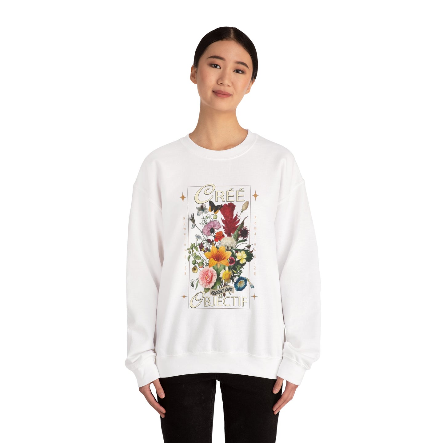 Sweatshirt blanc femme avec illustration florale vintage et texte Créée pour un Objectif.