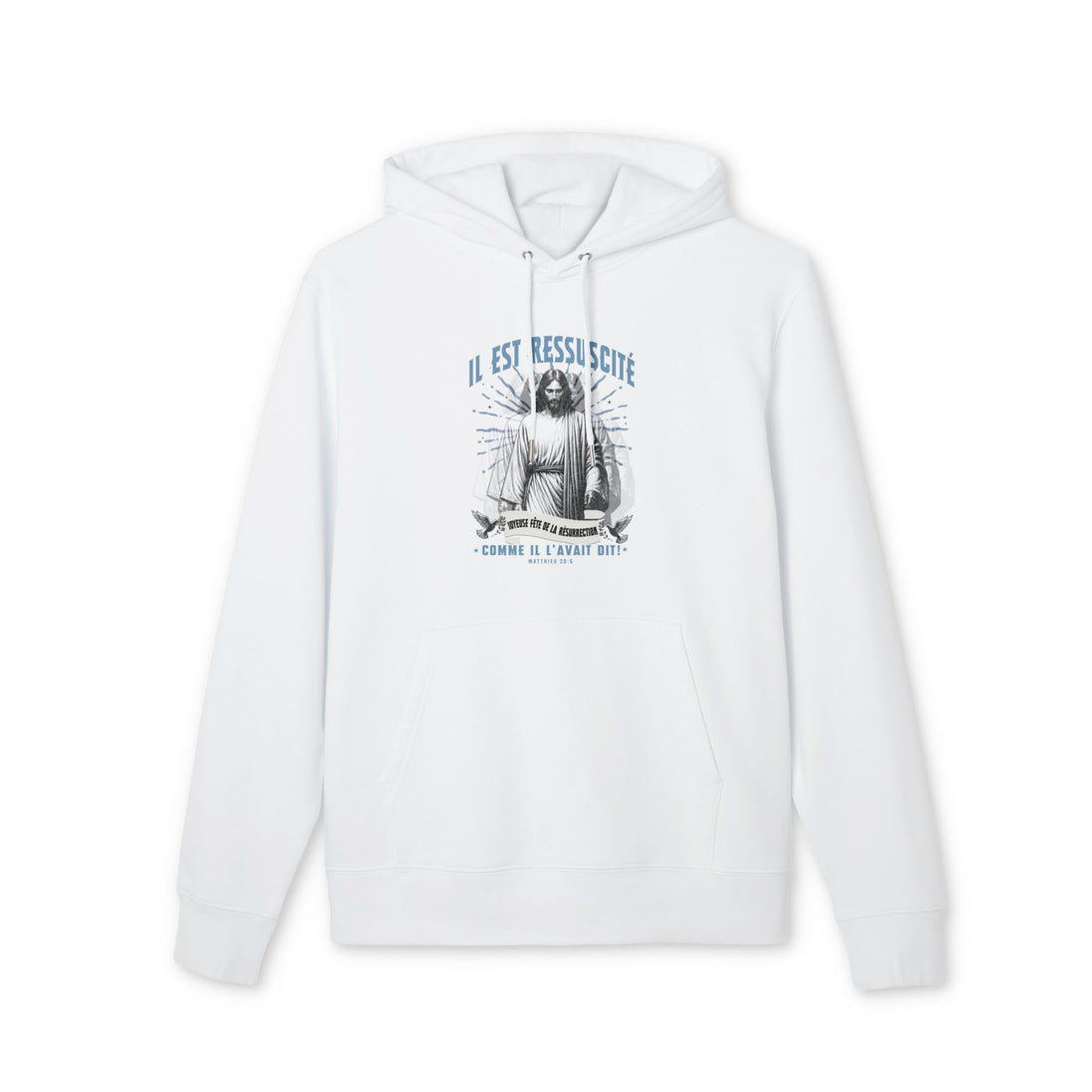 Sweat à capuche blanc en coton biologique avec une illustration religieuse imprimée sur le torse.