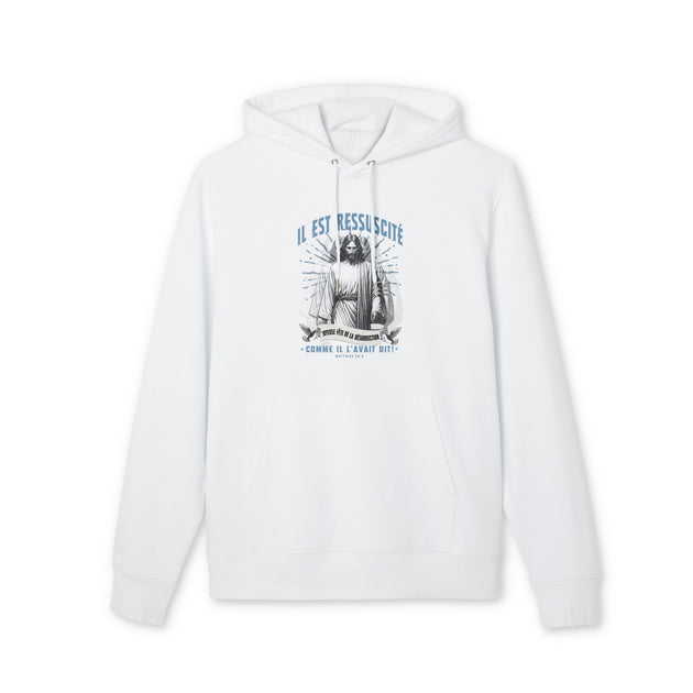 Sweat à capuche blanc en coton biologique avec une illustration religieuse imprimée sur le torse.