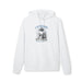 Sweat à capuche blanc en coton biologique avec une illustration religieuse imprimée sur le torse.