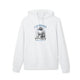 Sweat à capuche blanc en coton biologique avec une illustration religieuse imprimée sur le torse.