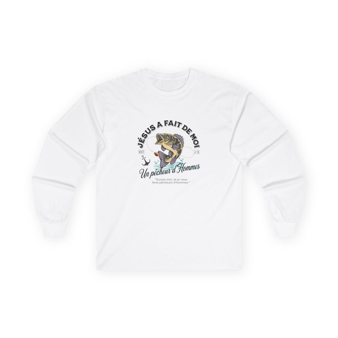 T-shirt blanc à manches longues avec une illustration de poisson et un message religieux.