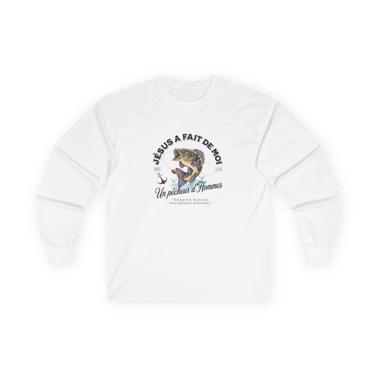 T-shirt blanc à manches longues avec une illustration de poisson et un message religieux.