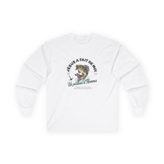 T-shirt blanc à manches longues pour femme avec une illustration de poisson et un texte religieux.