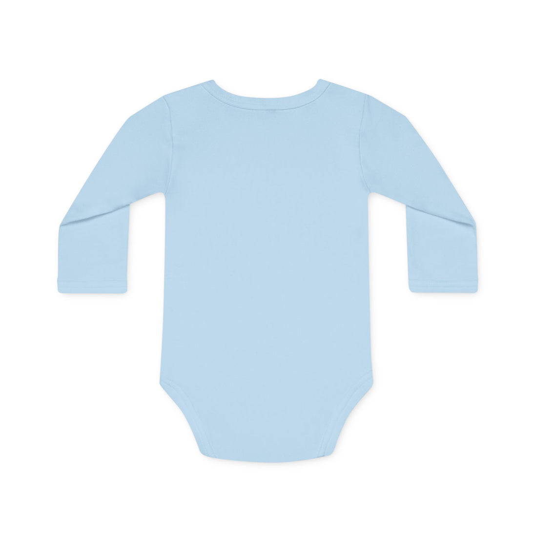 Dos d'un body bébé bleu clair à manches longues en coton bio, vue à plat.