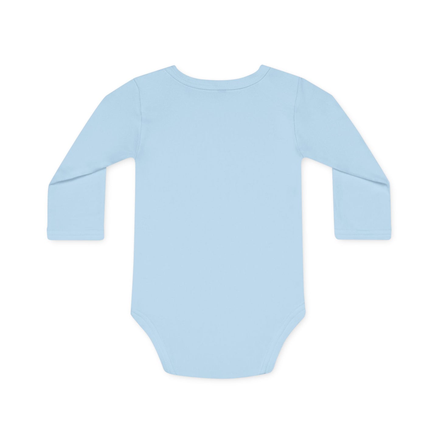 Dos d'un body bébé bleu clair à manches longues en coton bio, vue à plat.
