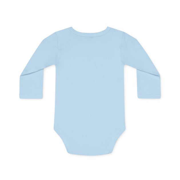 Dos d'un body bébé bleu clair à manches longues en coton bio, vue à plat.