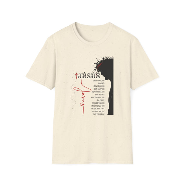 T-shirt beige pour homme avec une illustration de profil de Jésus et des inscriptions religieuses.