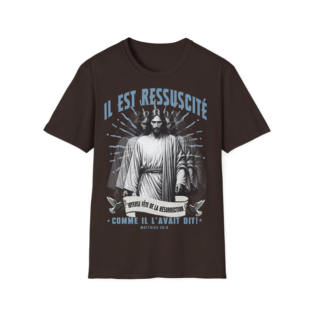 T-shirt marron pour homme avec une illustration de Jésus et le texte Il est ressuscité.