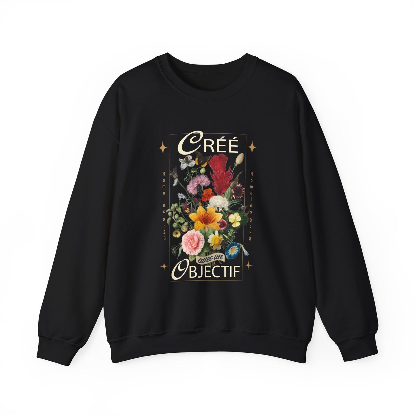 Sweat-shirt noir pour femme orné d'un motif floral vintage et de l'inscription Créé avec un objectif.