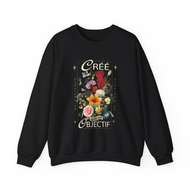 Sweat-shirt noir pour femme orné d'un motif floral vintage et de l'inscription Créé avec un objectif.