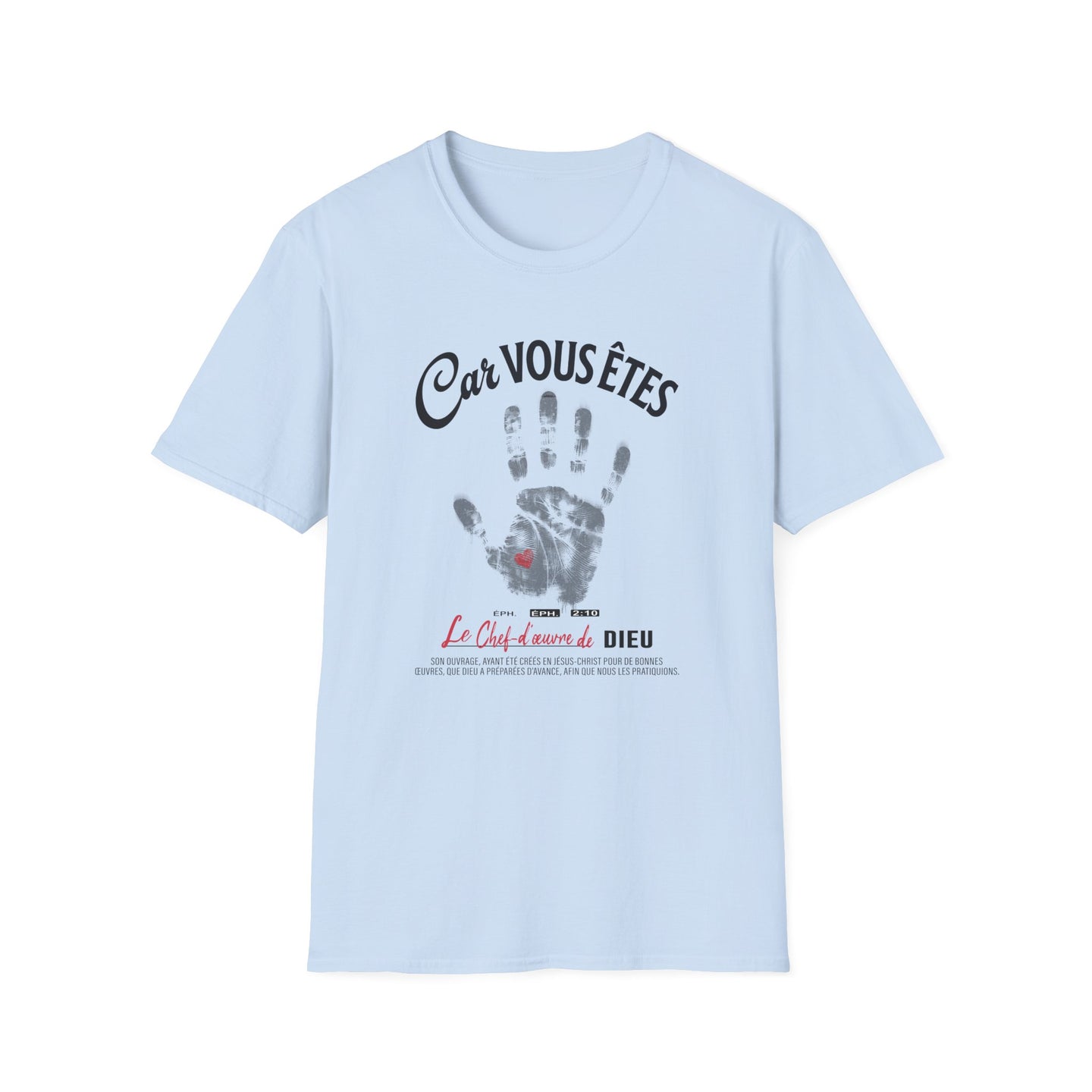 T-shirt bleu clair pour homme avec une empreinte de main et un message religieux imprimés.