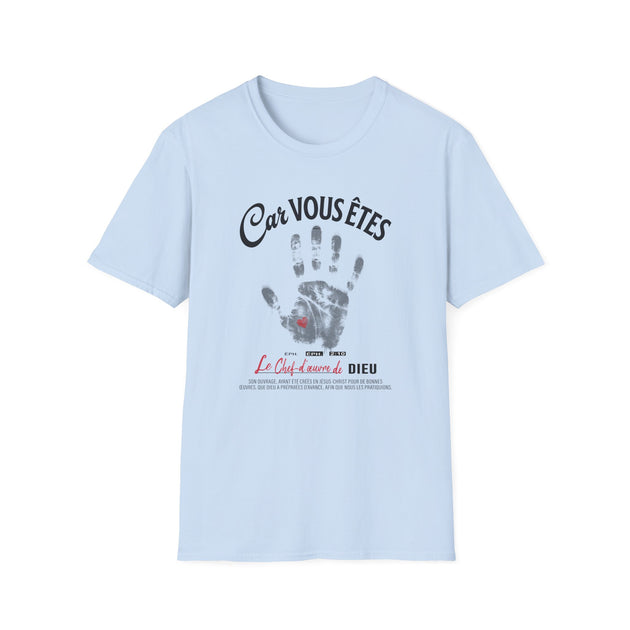 T-shirt bleu clair pour homme avec une empreinte de main et un message religieux imprimés.