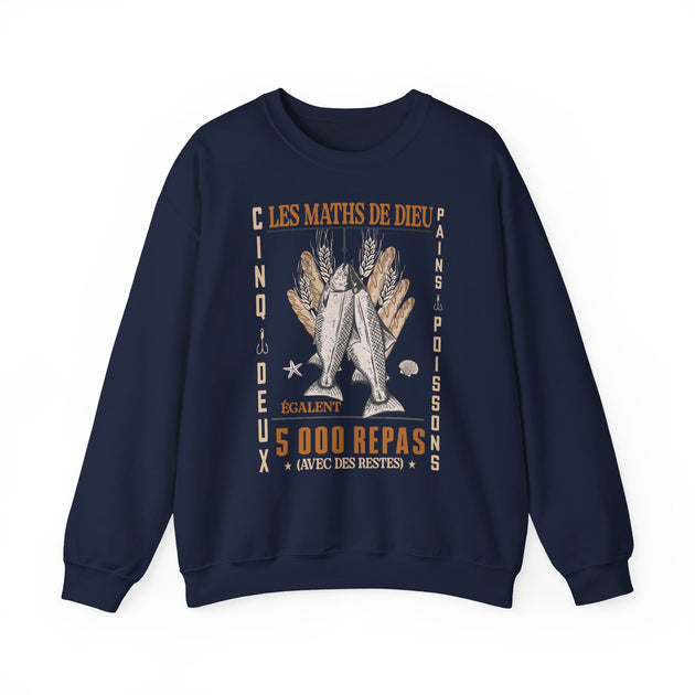 Sweat-shirt bleu marine avec une illustration vintage de pains et de poissons sur le devant.