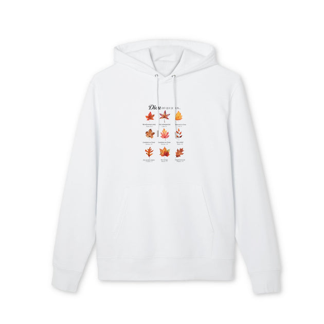 Sweat à capuche blanc avec motif de feuilles d'automne et citations bibliques en français.