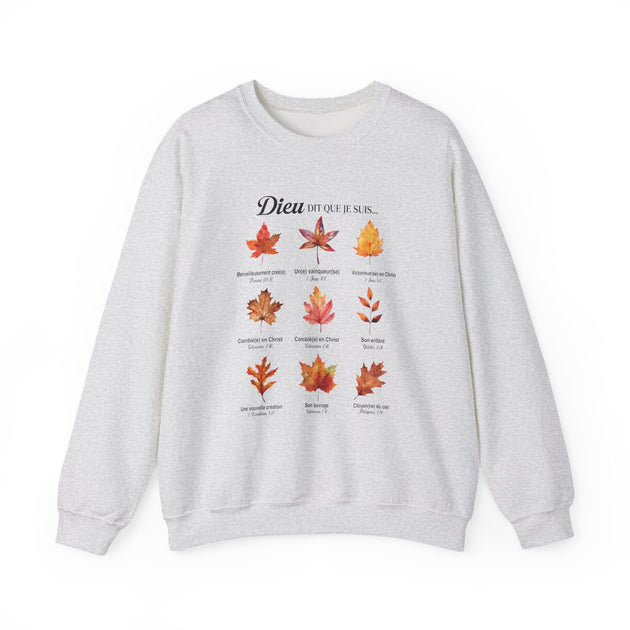 Sweat-shirt gris chiné orné d'un motif de feuilles d'automne et de textes bibliques en français.