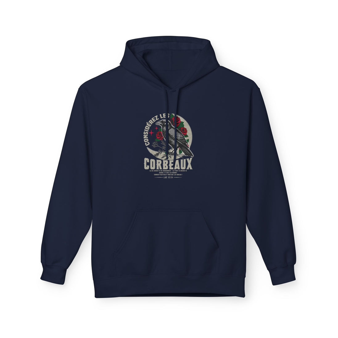 Sweat à capuche bleu marine pour femme avec une illustration de corbeau et de roses.