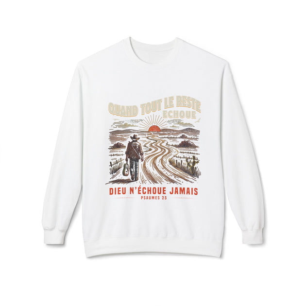 Sweat-shirt blanc à col rond avec une illustration de cow-boy et un message religieux en français.