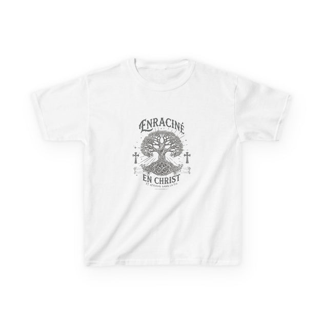 T-shirt blanc pour enfant avec un motif d'arbre et l'inscription Enraciné en Christ.