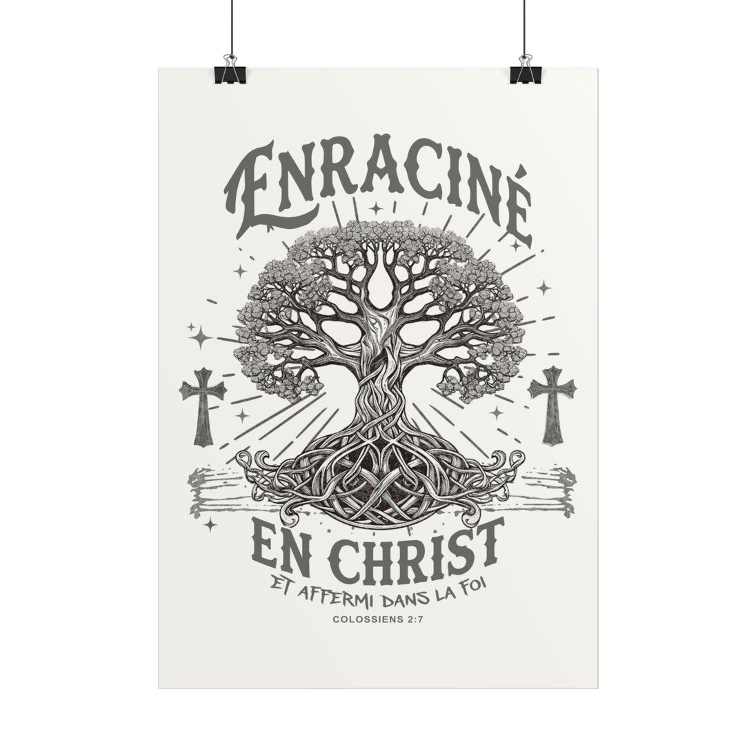 Affiche murale monochrome représentant un arbre de vie avec des croix et le texte Enraciné en Christ.