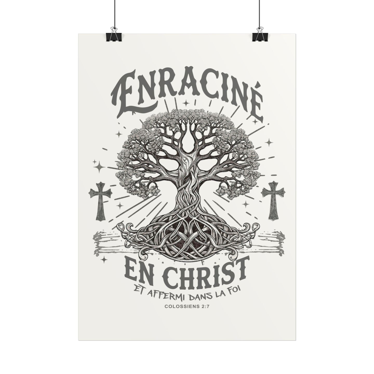 Affiche murale monochrome représentant un arbre de vie avec des croix et le texte Enraciné en Christ.