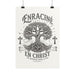 Affiche murale monochrome représentant un arbre de vie avec des croix et le texte Enraciné en Christ.
