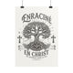 Affiche murale monochrome représentant un arbre de vie avec des croix et le texte Enraciné en Christ.