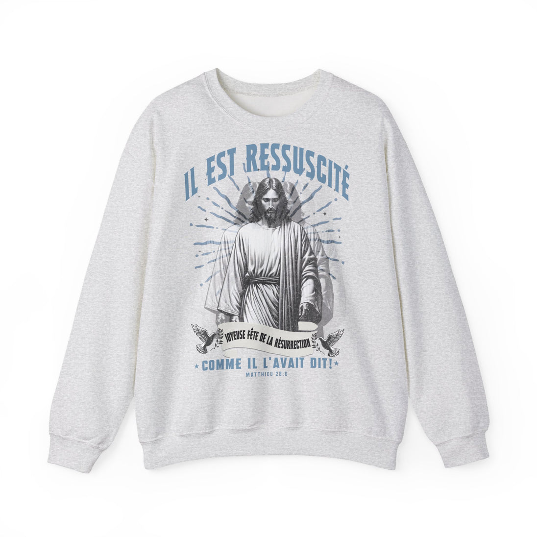 Sweat-shirt gris chiné pour homme avec une illustration religieuse et le texte Il est ressuscité.