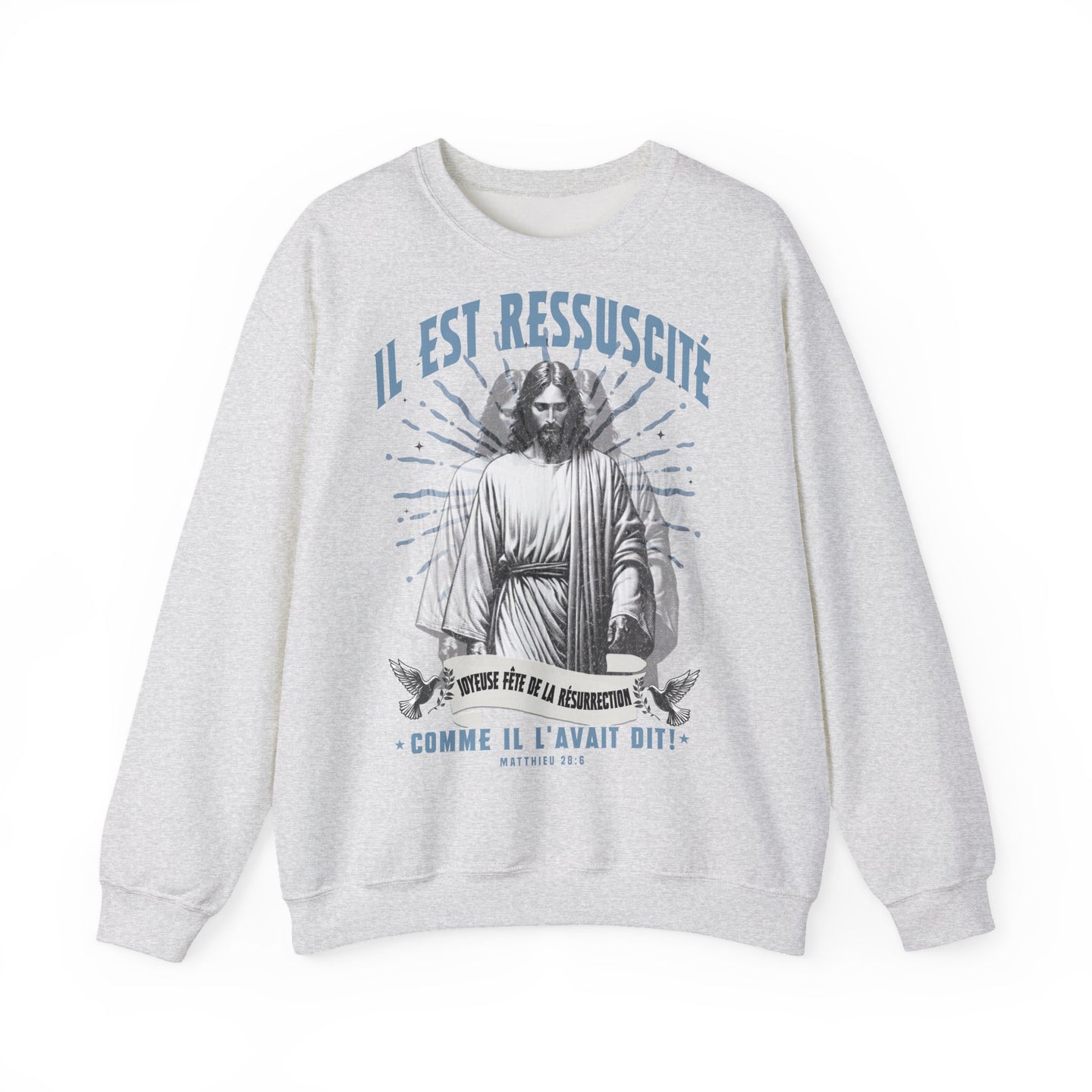 Sweat-shirt gris chiné pour homme avec une illustration religieuse et le texte Il est ressuscité.