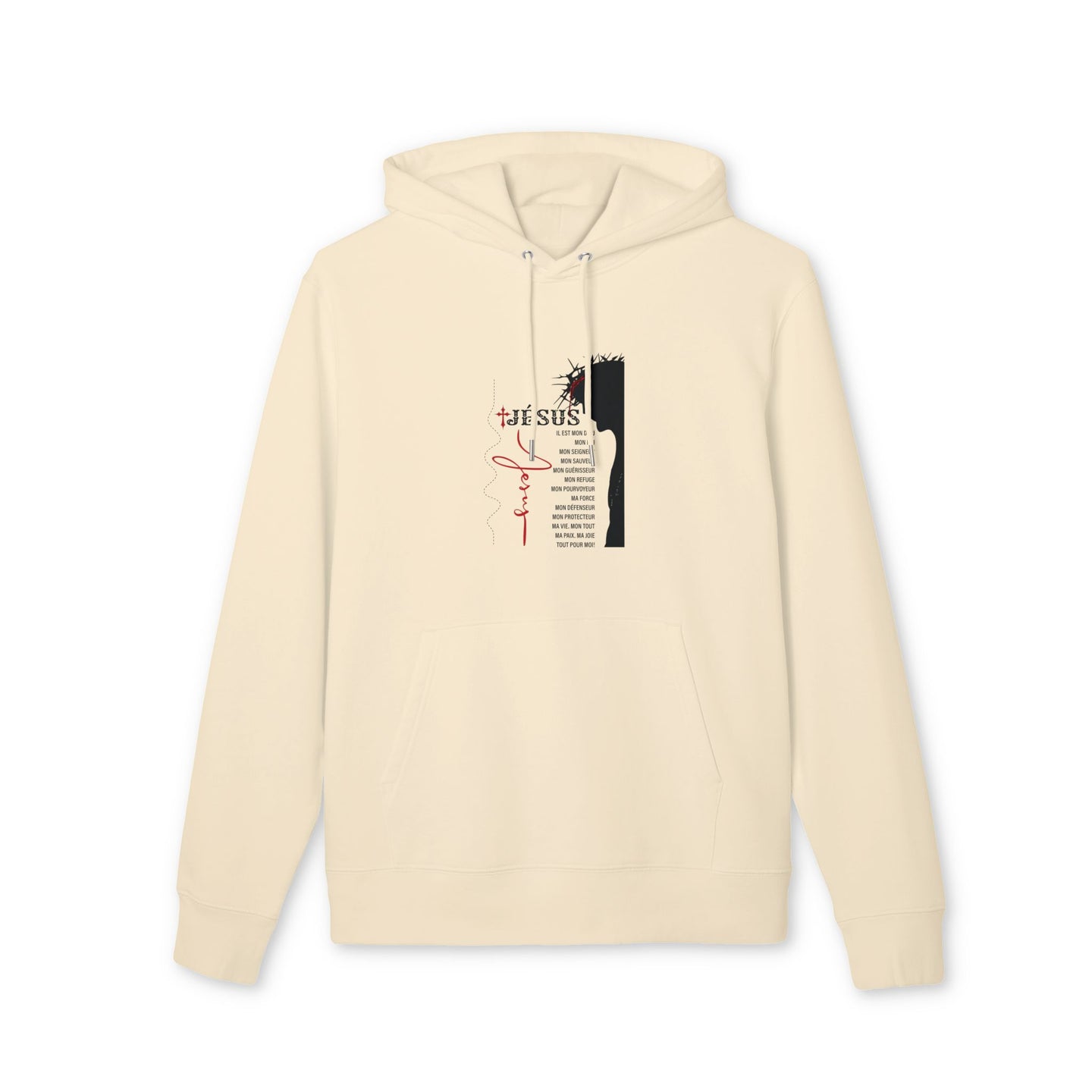 Sweat à capuche beige avec une illustration religieuse et du texte en français sur la poitrine.