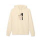 Sweat à capuche beige avec une illustration religieuse et du texte en français sur la poitrine.
