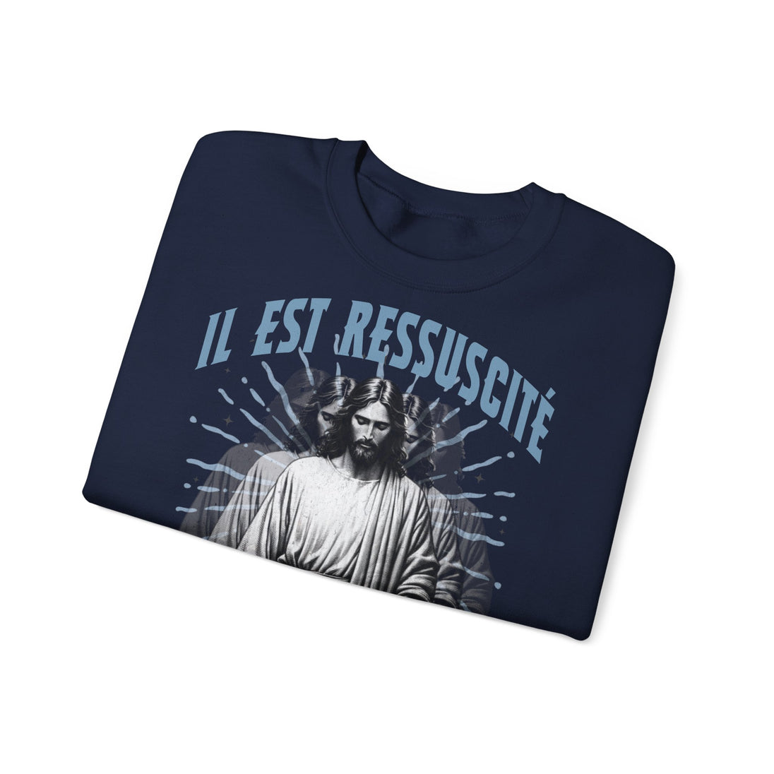Sweat-shirt bleu marine avec une illustration de Jésus et l'inscription Il est ressuscité.