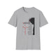 T-shirt gris pour femme avec une illustration de Jésus et une liste de ses attributs en français.