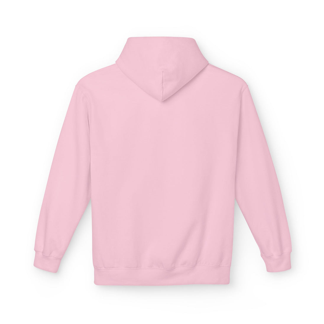Vue arrière d'un sweat à capuche rose uni avec une coupe décontractée.