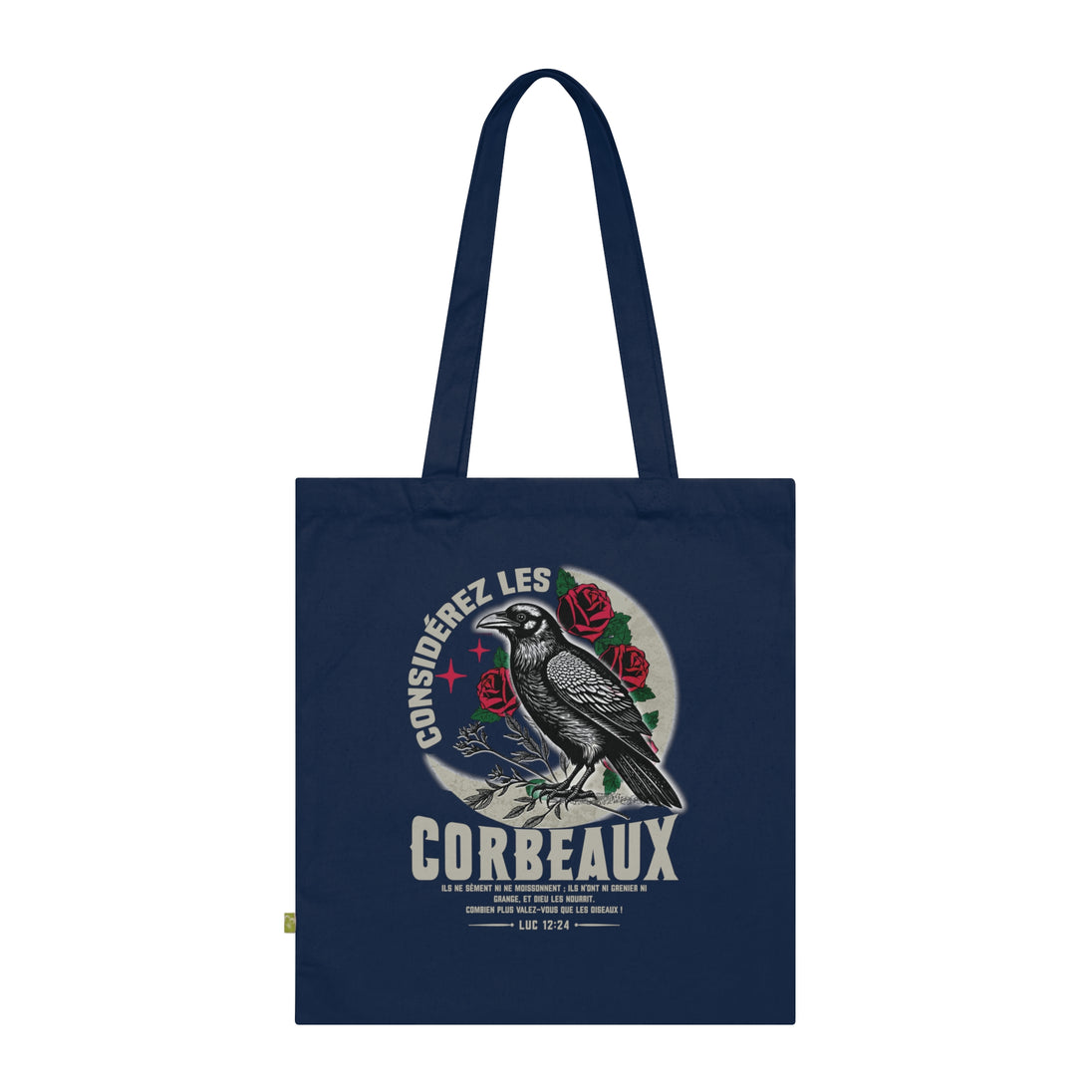 Tote bag bleu marine en coton biologique illustré d'un corbeau, de roses et d'un verset biblique.