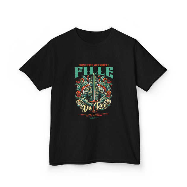 T-shirt noir pour enfant avec une illustration de chevalier et le texte Fille du Roi.