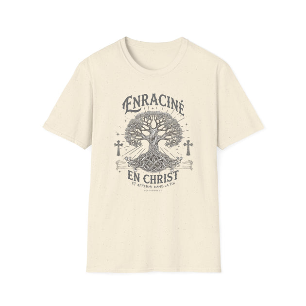 T-shirt beige chiné pour femme avec une illustration d'arbre et le texte Enraciné en Christ.