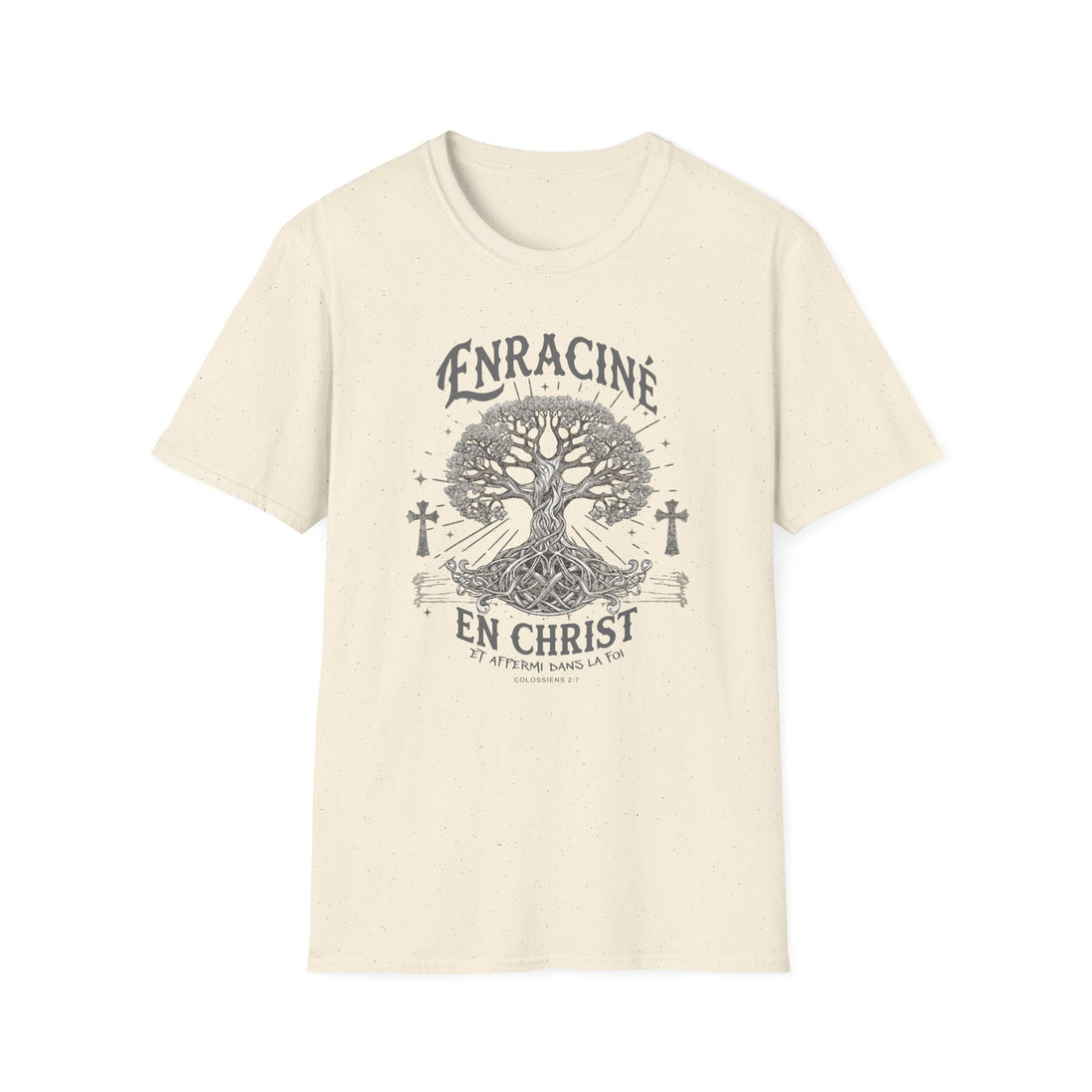 T-shirt beige chiné pour homme avec une illustration d'arbre et le texte Enraciné en Christ.
