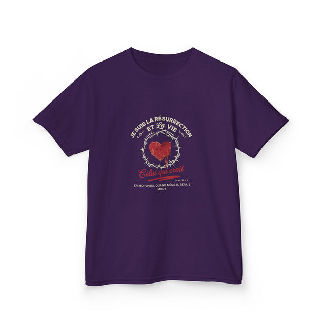 T-shirt violet pour enfant avec un motif de cœur entouré d'une couronne d'épines et du texte.