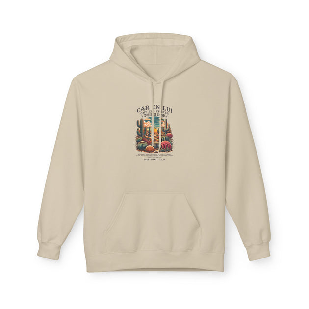 Sweat à capuche beige pour femme avec une illustration de cactus et un texte religieux.