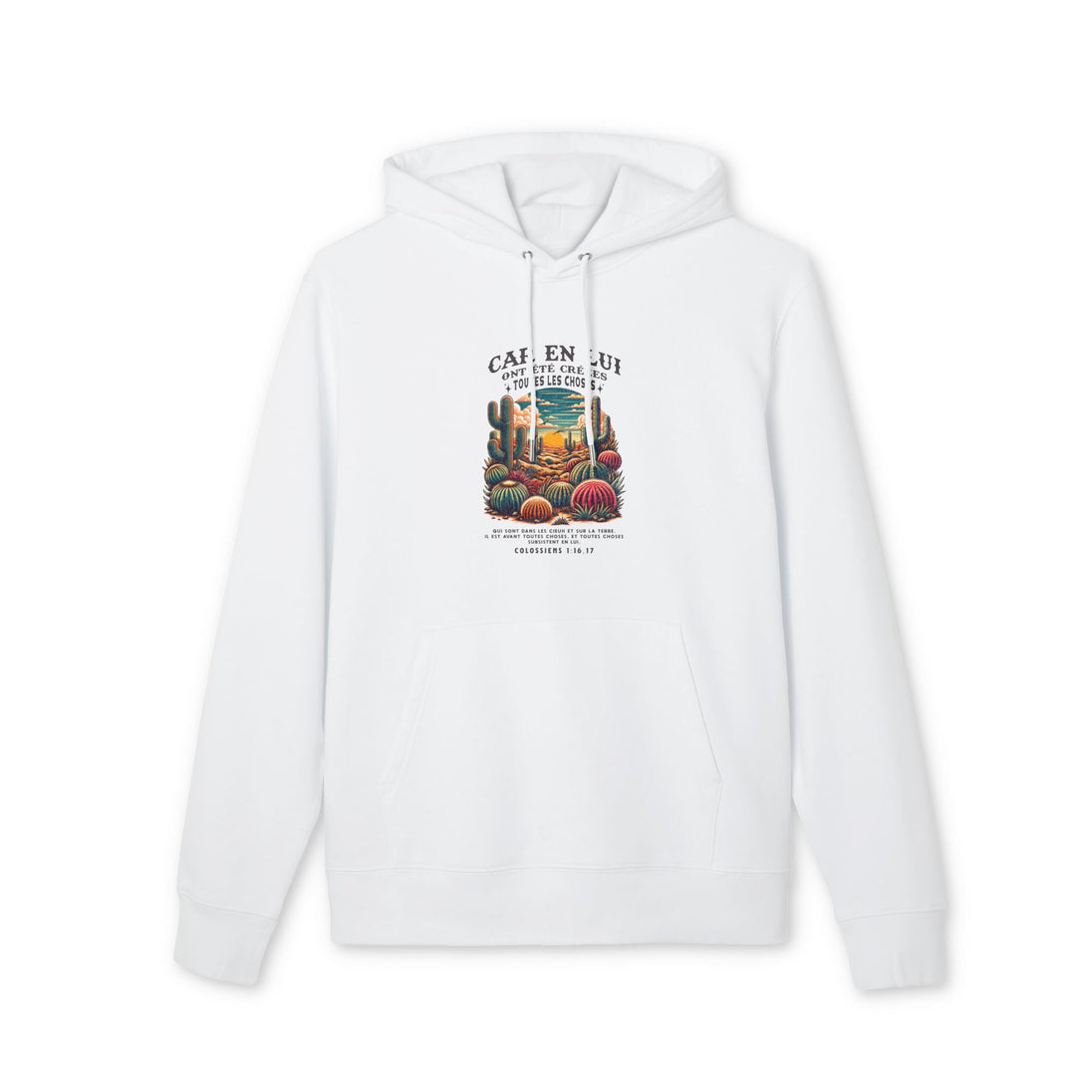 Sweat à capuche blanc en coton biologique avec une illustration de désert et un verset biblique.