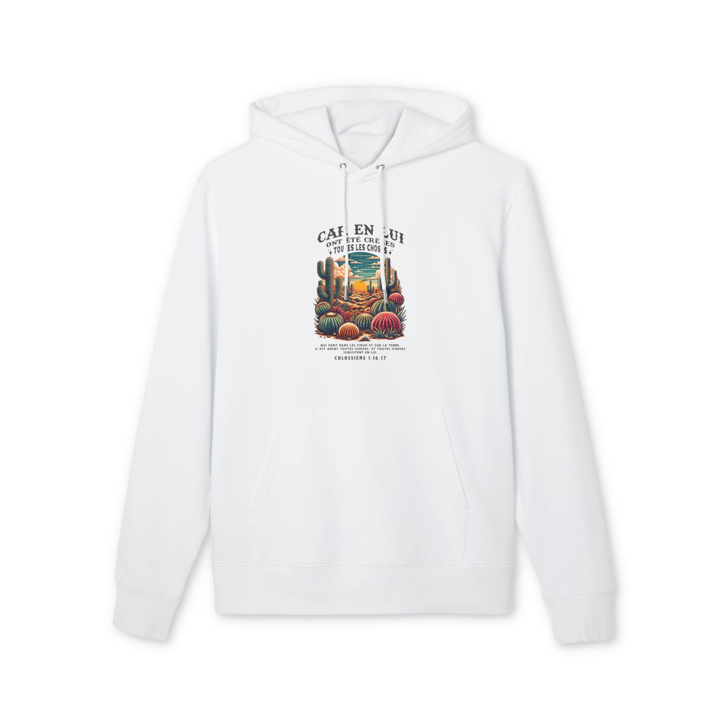 Sweat à capuche blanc en coton biologique avec une illustration de désert et un verset biblique.