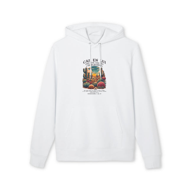 Sweat à capuche blanc en coton biologique avec une illustration de désert et un verset biblique.