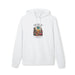Sweat à capuche blanc en coton biologique avec une illustration de désert et un verset biblique.