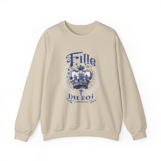 Sweat-shirt beige pour femme avec une couronne bleue et l'inscription Fille du Roi.