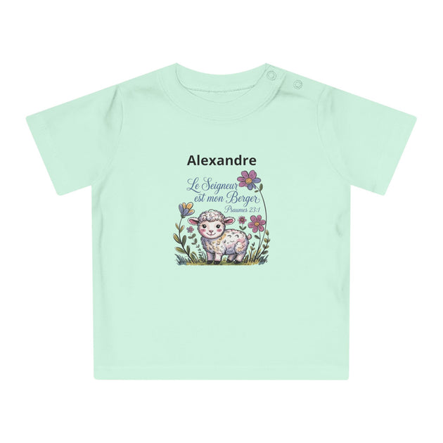 T-shirt bébé vert menthe avec une illustration d'agneau et le texte Le Seigneur est mon Berger.