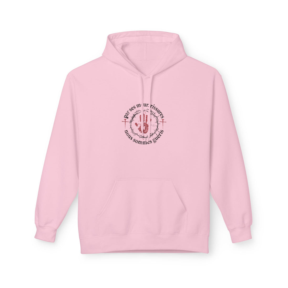 Sweat à capuche rose pâle avec un motif central représentant une main et une couronne d'épines.