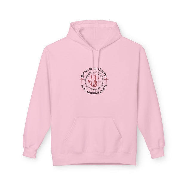 Sweat à capuche rose pâle avec un motif central représentant une main et une couronne d'épines.